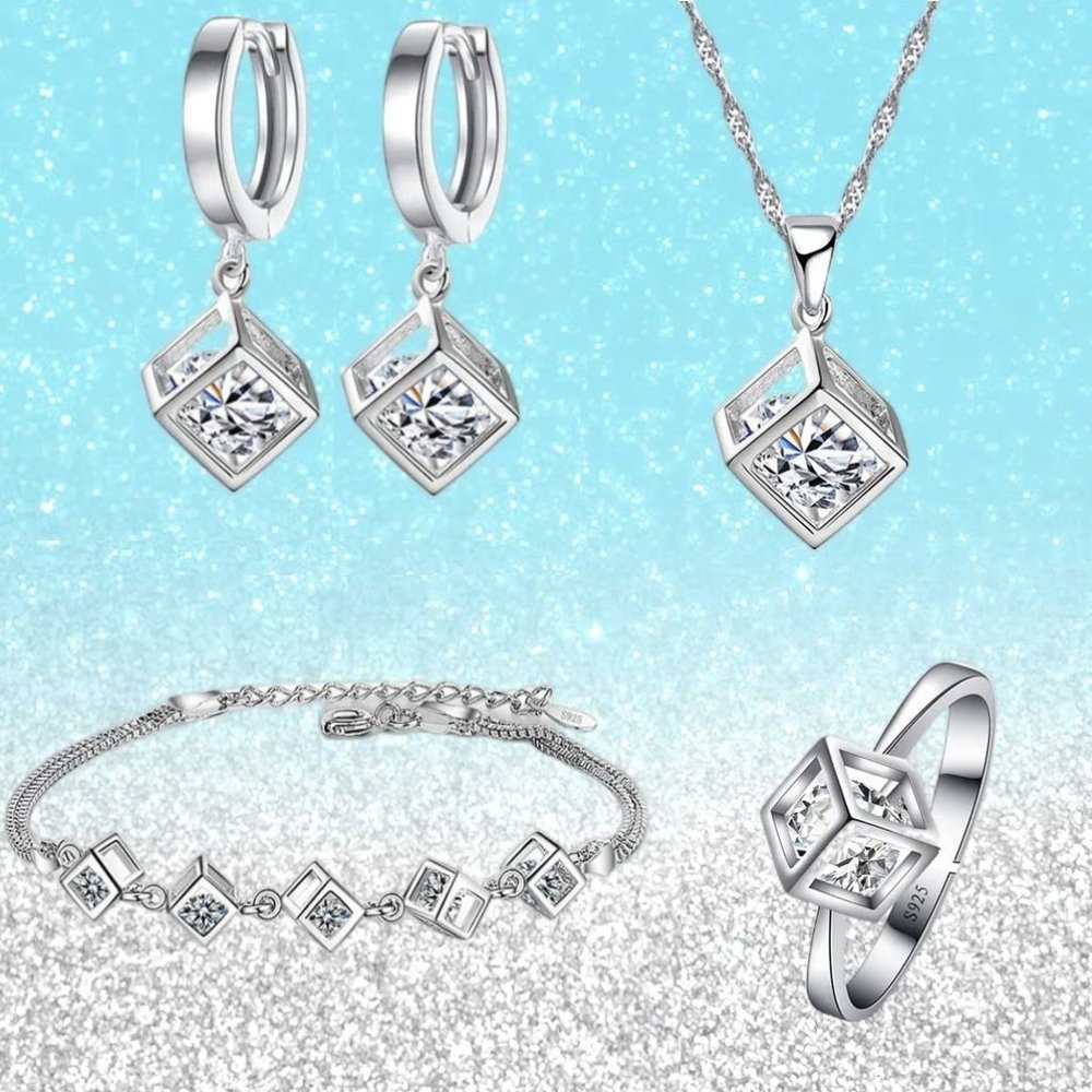 ❤️ Square 925 Sterling Silver Bracelet Earrings Necklace Ring Bundle